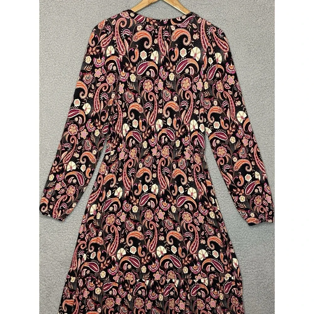 Loft Brown Boho Prairie Womens Keyhole Neck Tie Front LS Maxi Dress Sz M Stretch